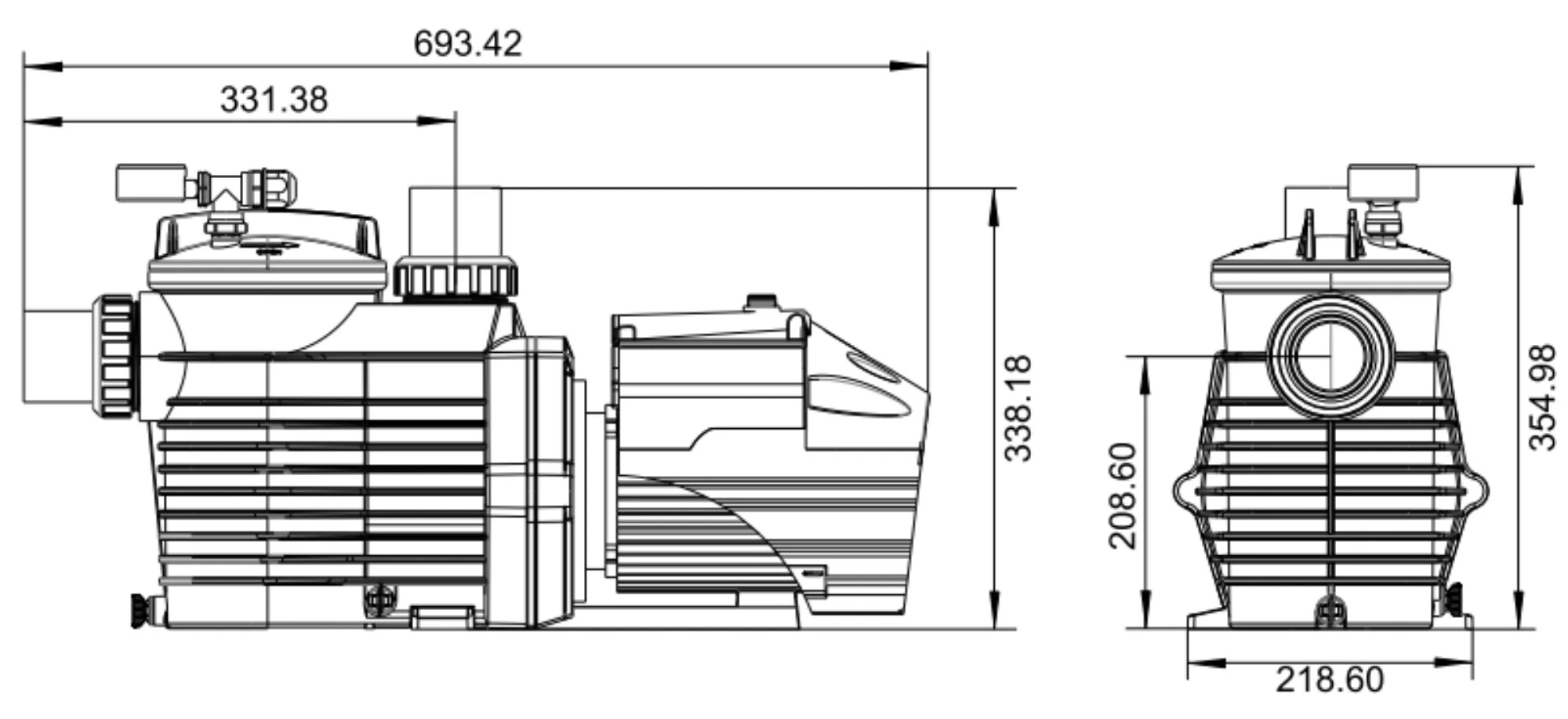 Dimensi dan detail teknis pompa kolam renang MAB Series Minder
